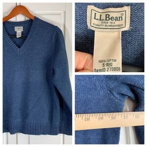 LL Bean Mens Blue V Neck Sweater Cotton Size S Basic Minimalist Coastal Preppy